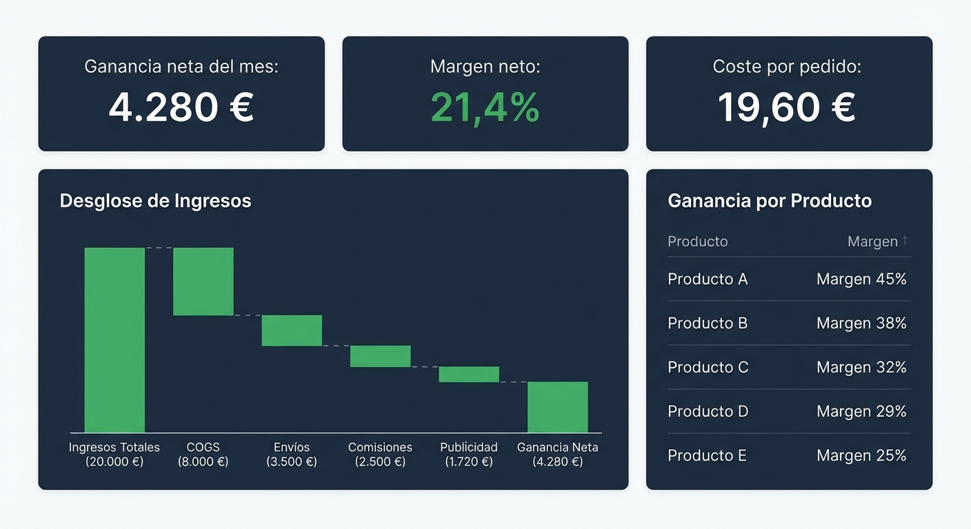 Mockup UI flat sobre fondo blanco claro de un dashboard de análisis de ganancias en SaaS, estilo moderno y minimalista. Panel superior con tres métricas destacadas: 