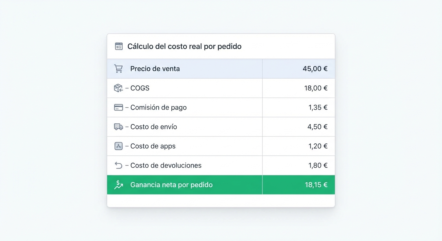 Mockup UI flat sobre fondo blanco de un panel de análisis de e-commerce que muestra el cálculo del costo real por pedido. Incluye una tabla con filas etiquetadas: