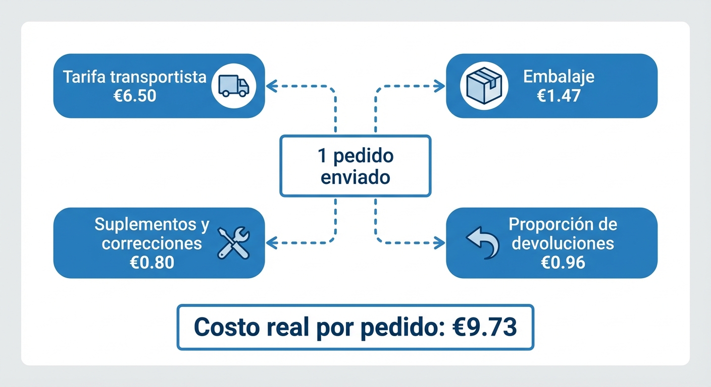 Clean infographic on a light grey background showing the true cost breakdown of a single e-commerce shipment. A central box labeled 