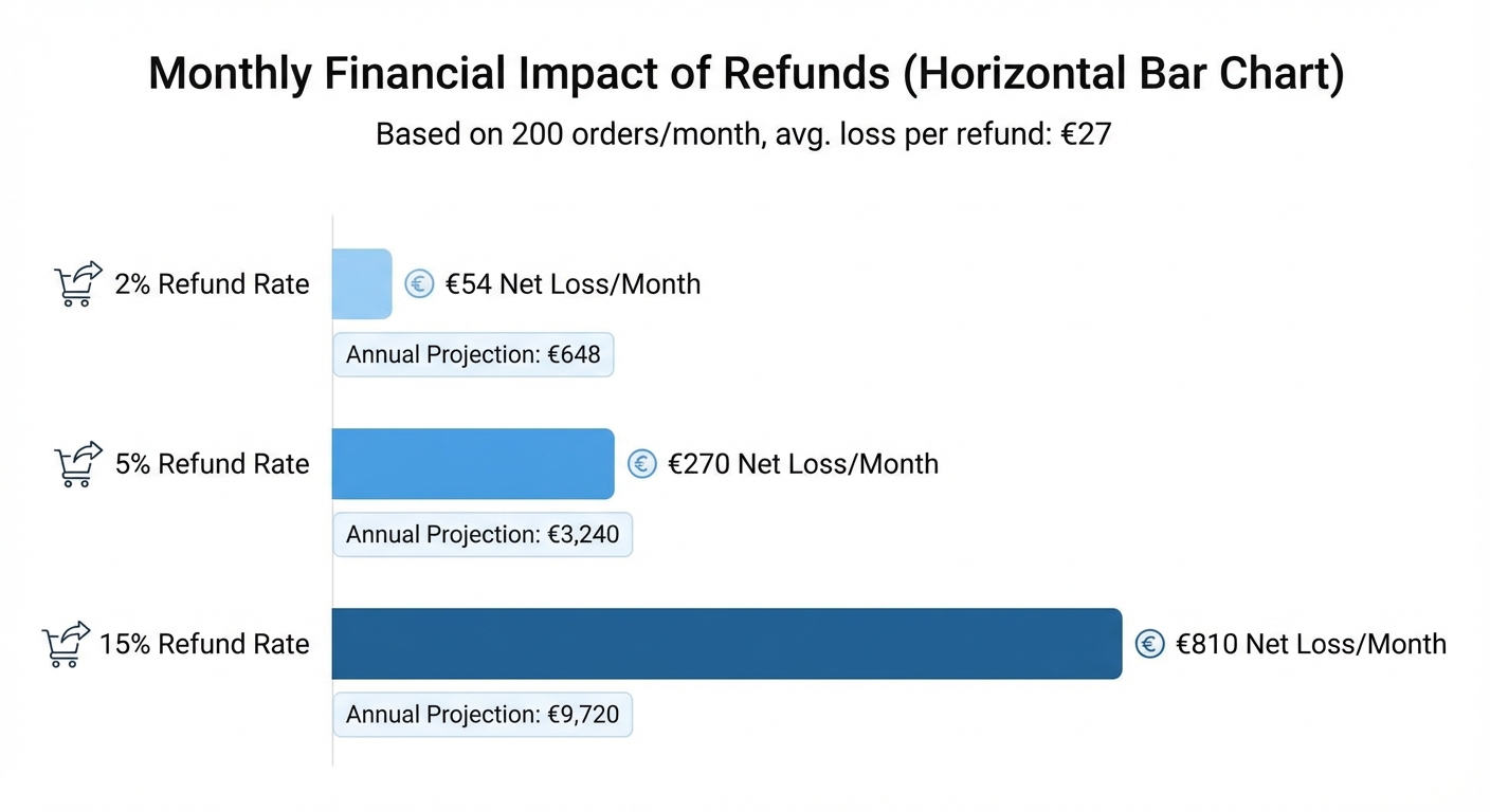 Clean infographic on a white background showing the monthly financial impact of refunds — a horizontal bar chart with three scenarios: 2% refund rate, 5% refund rate, and 15% refund rate, each showing monthly net loss in euros (€54, €270, €810) based on 200 orders/month at €27 average loss per refund, with annual projections below each bar