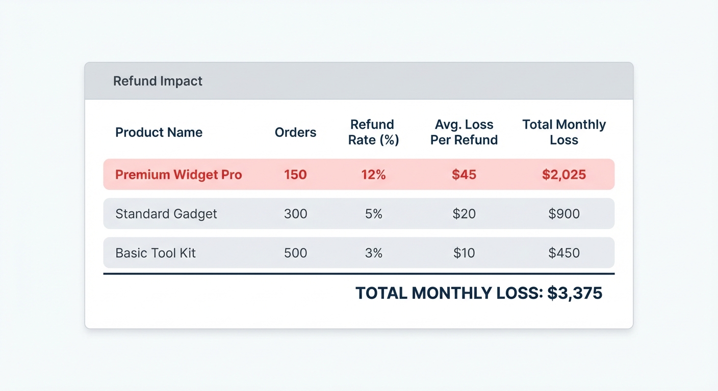 Flat UI mockup on a white background of a profit analytics dashboard showing a