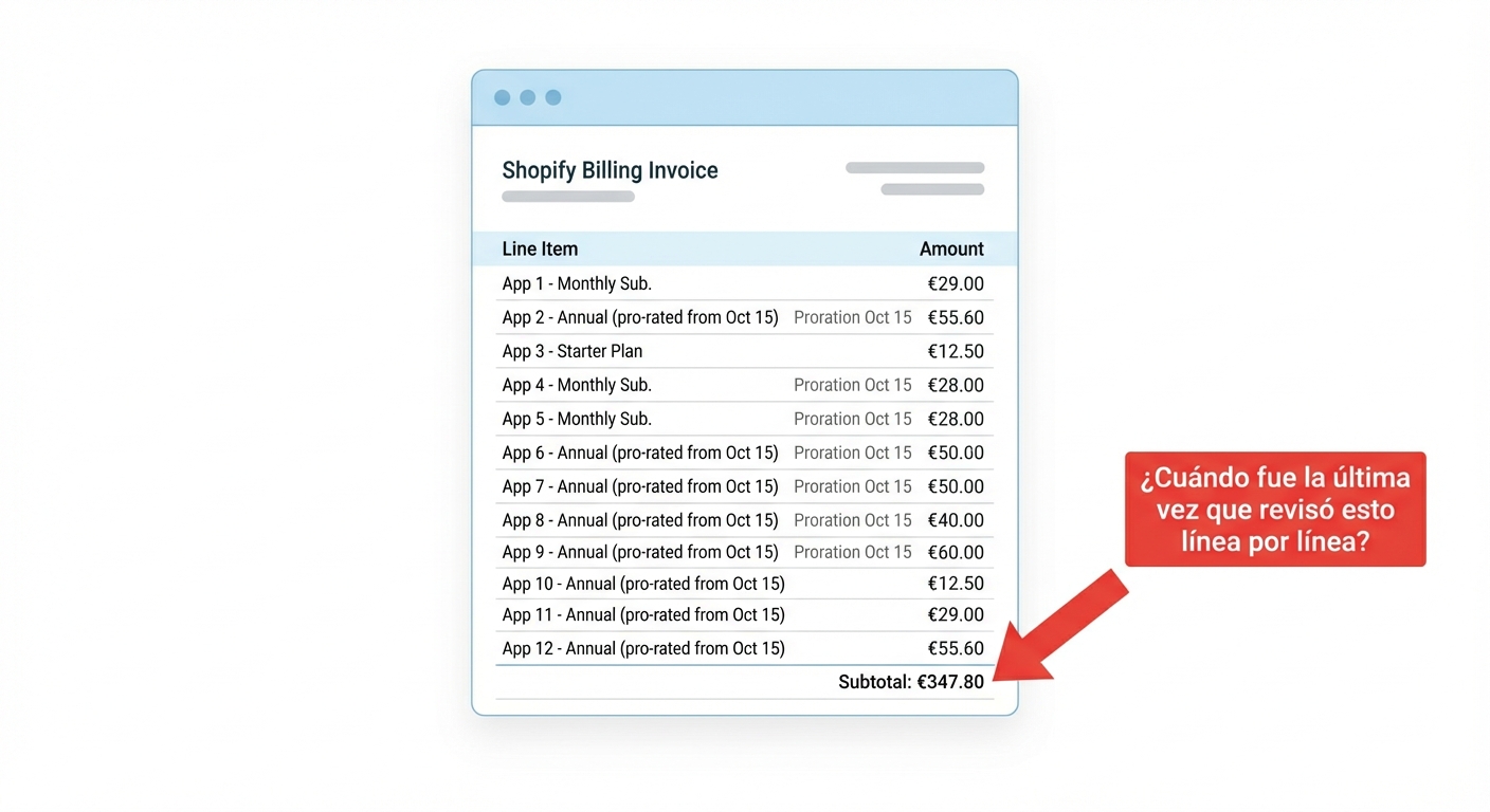 Flat UI mockup on a white background of a Shopify billing invoice showing 12 line items for app subscriptions with different amounts and proration dates, totaling €347.80, with a red annotation arrow pointing to the subtotal and a label reading