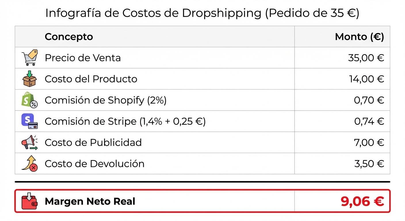 Infografía de costos en formato tabla vertical sobre fondo blanco claro, mostrando un pedido de dropshipping de 35 € desglosado en: precio de venta, costo del producto, comisión de Shopify (2%), comisión de Stripe (1,4% + 0,25 €), costo de publicidad, costo de devolución — con el margen neto real destacado en rojo al final