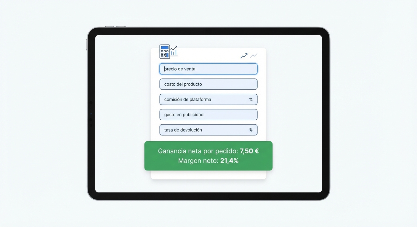 Mockup UI flat sobre fondo blanco de una calculadora de ganancias en pantalla de tablet, mostrando campos de entrada para: precio de venta, costo del producto, comisión de plataforma, gasto en publicidad, tasa de devolución — con un resultado destacado que muestra