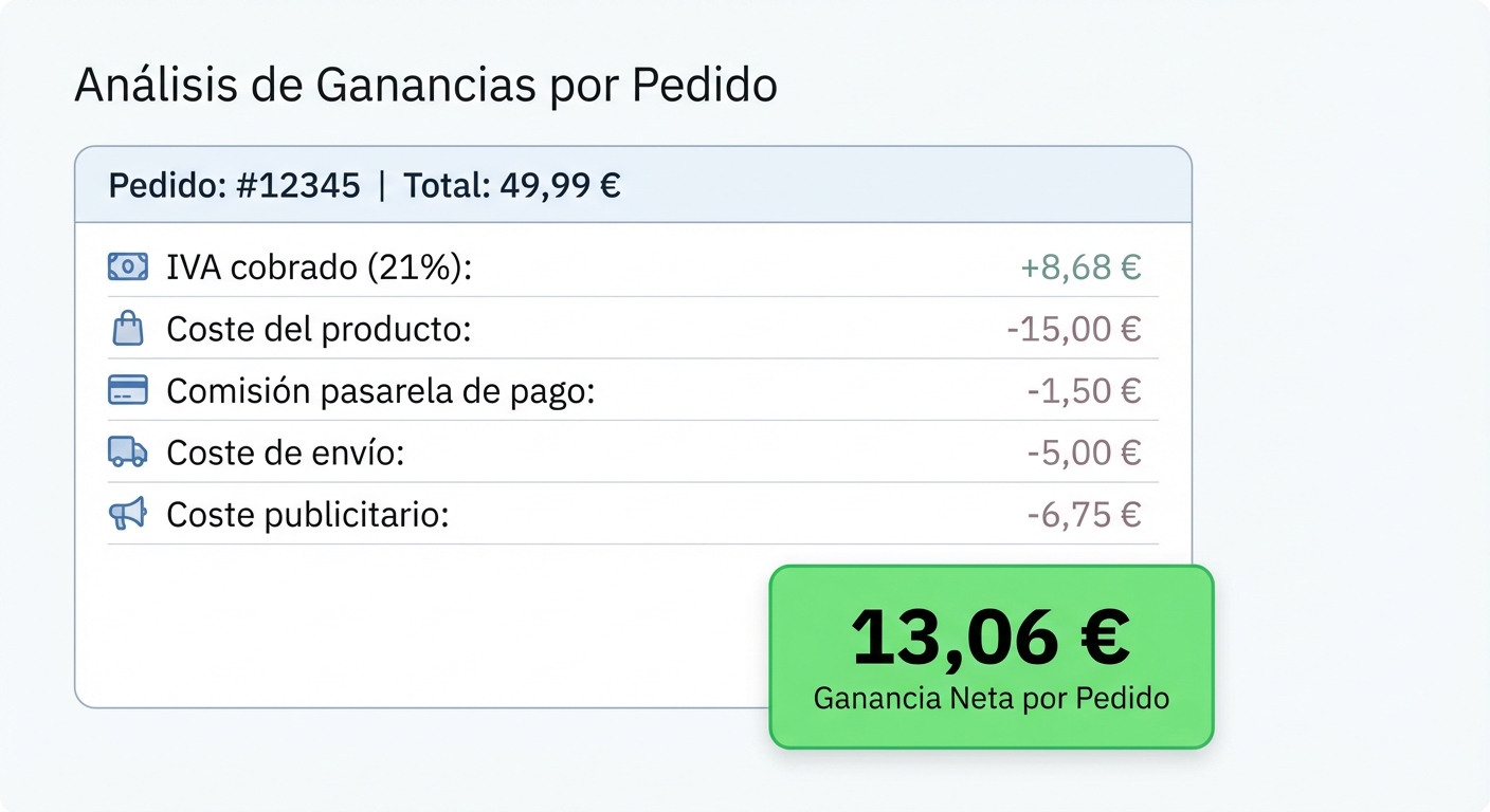Mockup UI flat sobre fondo blanco de un panel de análisis de ganancias tipo SaaS, mostrando un desglose de un pedido de 49,99 € con líneas separadas para IVA cobrado, coste del producto, comisión de pasarela de pago, coste de envío, y coste publicitario, con una cifra grande de ganancia neta por pedido de 13,06 € destacada en verde.