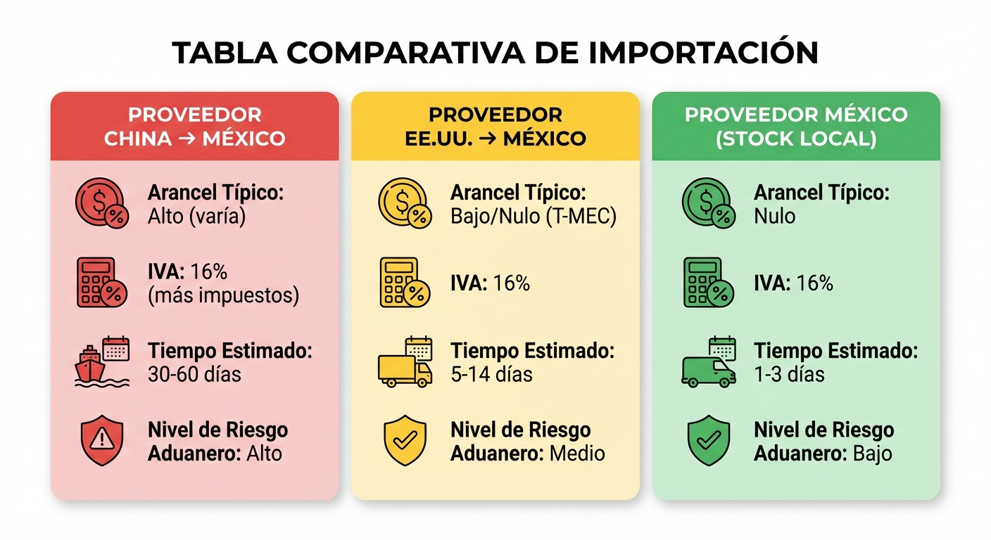 Tabla comparativa estilo infografía flat sobre fondo blanco con tres columnas: Proveedor China → Mexico, Proveedor EE.UU. → México, Proveedor México (stock local). Cada columna muestra: arancel típico, IVA, tiempo estimado de entrega, y nivel de riesgo aduanero. Colores diferenciados por columna (rojo, amarillo, verde), tipografía clara y moderna.