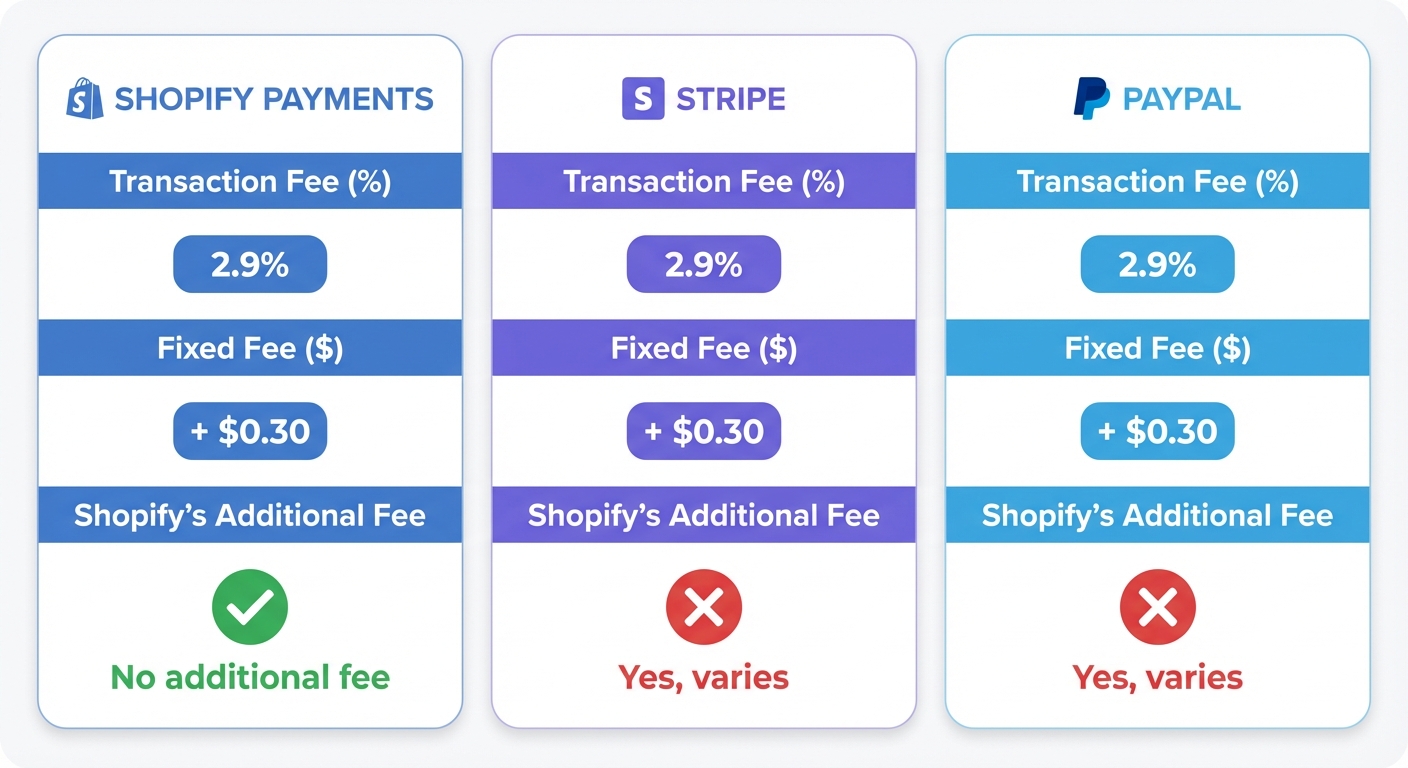 Flat UI infographic on a white background comparing three payment gateways side by side — Shopify Payments, Stripe, and PayPal — as three vertical columns. Each column shows the transaction fee percentage, fixed fee per transaction, and whether Shopify's additional transaction fee applies. Use green checkmarks and red X marks for the Shopify fee row. Clean sans-serif typography, brand colors approximating each gateway logo color.