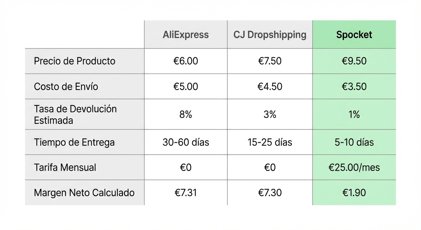 Tabla comparativa flat sobre fondo blanco con tres columnas (AliExpress, CJ Dropshipping, Spocket) y filas mostrando: precio de producto, costo de envío, tasa de devolución estimada, tiempo de entrega, tarifa mensual, y margen neto calculado para el mismo producto a 19,90 € de precio de venta. Diseño limpio con tonos de gris y una columna resaltada en verde claro para el mejor margen.