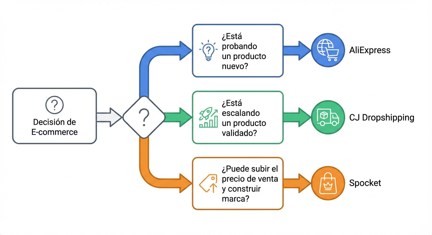 Diagrama de flujo flat sobre fondo blanco mostrando un árbol de decisión en español con tres ramas principales: