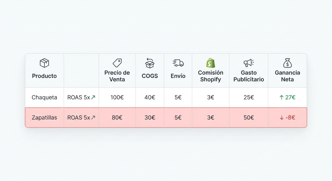 Flat UI mockup sobre fondo blanco de una tabla comparativa de rentabilidad publicitaria. La tabla muestra dos productos de una tienda Shopify: