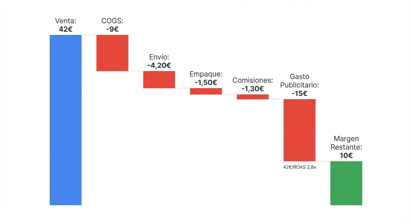 Gráfico de cascada (waterfall chart) sobre fondo blanco mostrando el desglose de una venta de 42€ en una tienda de cosmética. Barras verticales en colores: azul para precio de venta (42€), barras rojas descendentes para COGS (-9€), envío (-4,20€), empaque (-1,50€), comisiones (-1,30€) y gasto publicitario (-10€, calculado como 42€/ROAS 2,8x = 15€, con margen restante en verde de ~10€). Etiquetas claras sobre cada barra. Estilo flat, tipografía moderna.