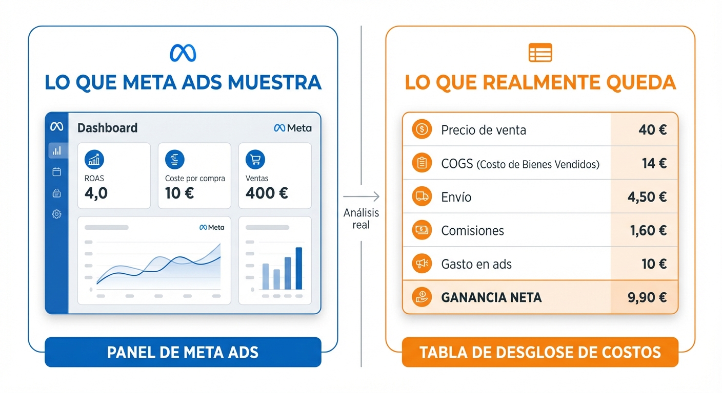 Infografía de dos columnas sobre fondo claro. La columna izquierda muestra un panel de Meta Ads con ROAS de 4,0, coste por compra de 10 € y ventas de 400 €, con etiqueta