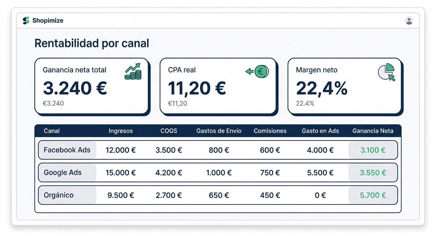 Mockup UI flat sobre fondo blanco de un dashboard de análisis SaaS (estilo Shopimize) mostrando una vista de