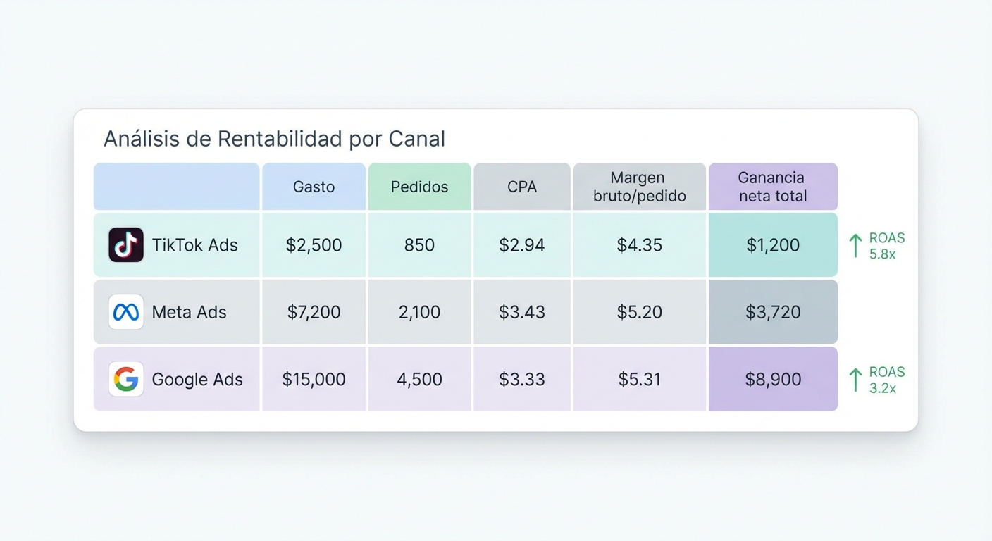 Mockup UI flat sobre fondo blanco de un dashboard de análisis de rentabilidad por canal. Muestra una tabla con tres filas (TikTok Ads, Meta Ads, Google Ads) y columnas: Gasto, Pedidos, CPA, Margen bruto/pedido, Ganancia neta total. Los valores de TikTok muestran ROAS alto pero ganancia neta baja en comparación con Google. Estilo SaaS limpio, colores suaves, sin fotografías.