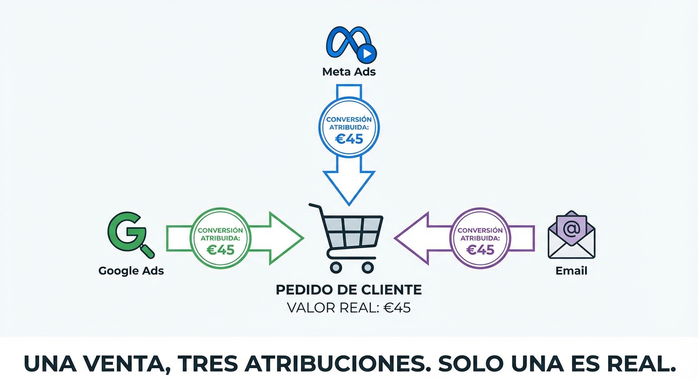 Infografía limpia sobre fondo blanco que muestra un solo pedido de cliente con tres flechas apuntando hacia él desde tres plataformas diferentes (Meta Ads, Google Ads, Email). Cada flecha tiene un sello que dice