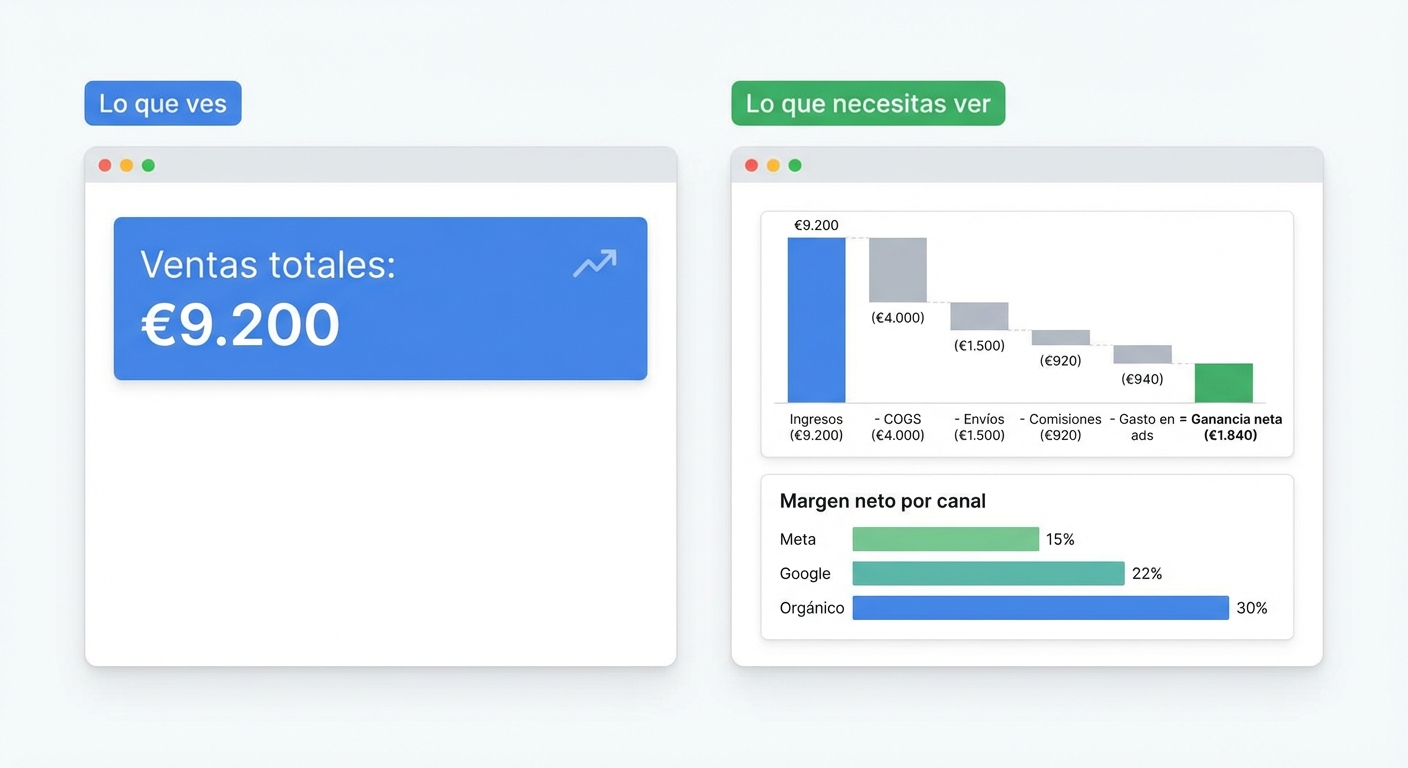 Mockup UI flat sobre fondo blanco de un panel de analítica SaaS que muestra, lado a lado, dos vistas: a la izquierda, un panel simple de