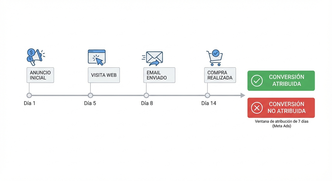 Infografía limpia sobre fondo blanco mostrando el recorrido de un cliente desde el primer anuncio hasta la compra, con una línea de tiempo de 14 días. Marcadores en los días 1, 5, 8 y 14 con íconos de anuncio, visita web, email y compra. Al final, una caja verde con el texto
