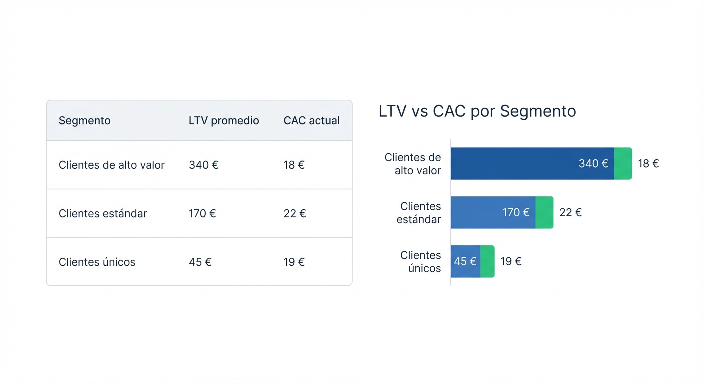 Mockup UI flat sobre fondo blanco de un panel de análisis SaaS que muestra una tabla de segmentación de clientes con tres columnas: