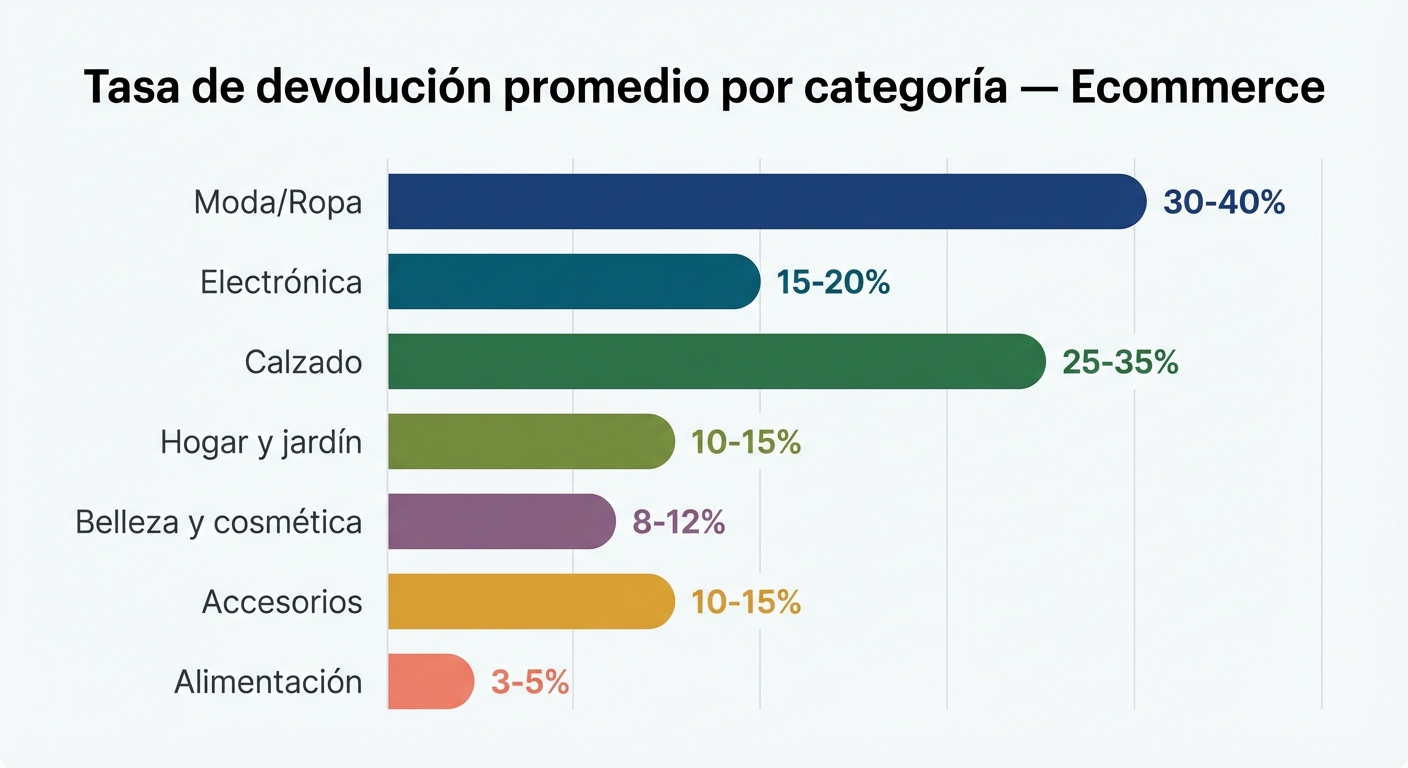 Infografía de barras horizontales sobre fondo blanco mostrando tasas de devolución promedio por categoría de producto en ecommerce: moda/ropa (30-40%), electrónica (15-20%), calzado (25-35%), hogar y jardín (10-15%), belleza y cosmética (8-12%), accesorios (10-15%), alimentación (3-5%). Cada barra en un color distinto, con etiquetas de porcentaje al final de cada barra. Título: 