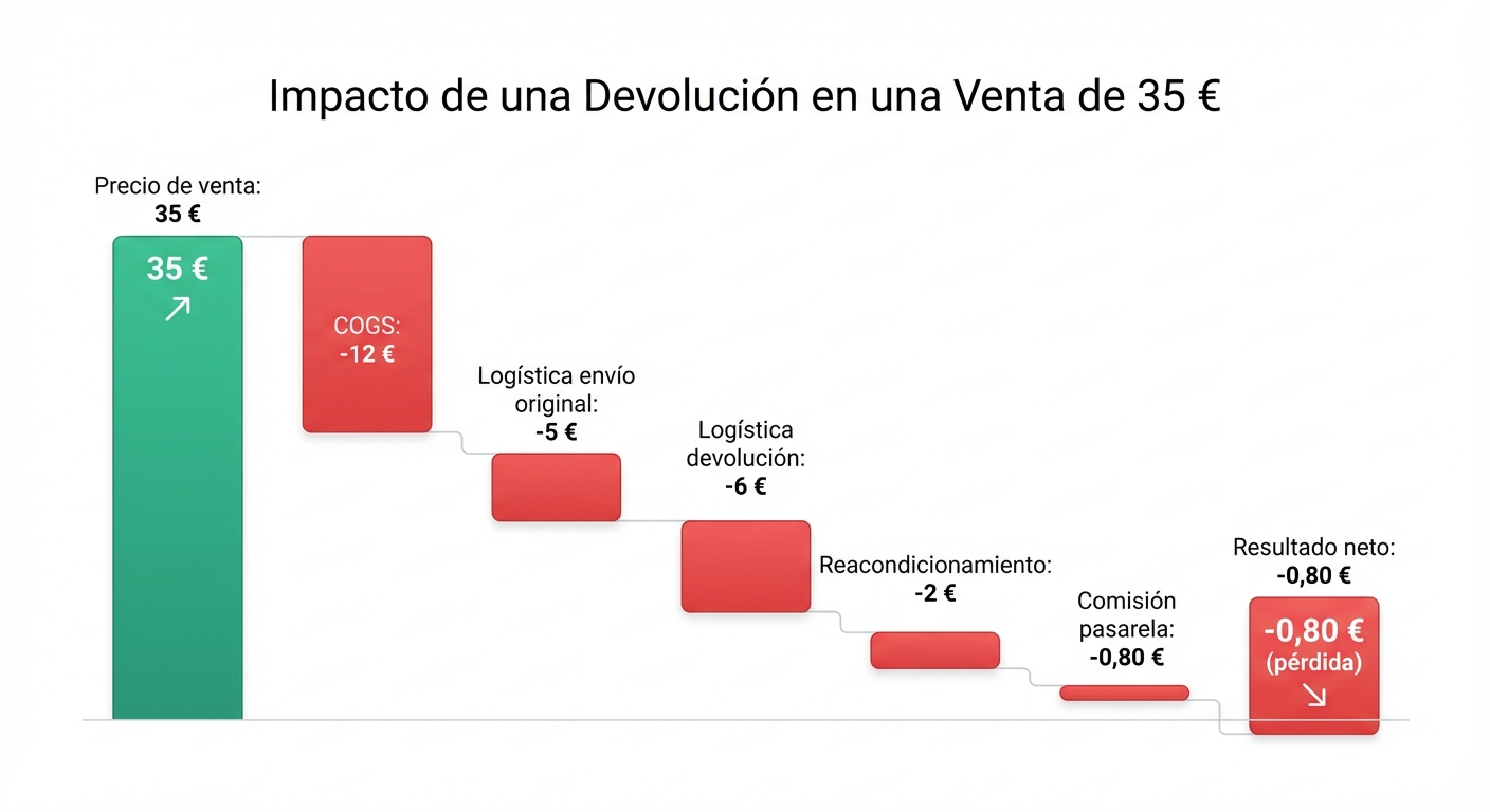 Gráfico de cascada (waterfall chart) sobre fondo blanco mostrando el desglose del impacto de una devolución en una venta de 35 €. Barra inicial en verde: 