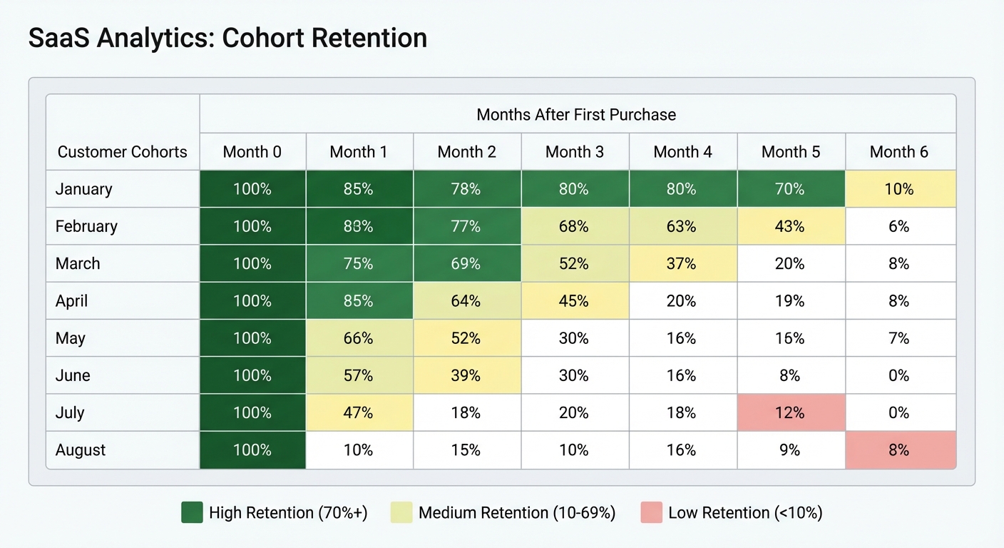 Flat UI mockup on a white background of a SaaS analytics dashboard showing a cohort retention table. Rows represent customer cohorts labeled by month (January through August), columns represent months after first purchase (Month 0 through Month 6). Each cell shows a retention percentage, color-coded from dark green (high retention, 70%+) to light yellow to pale red (low retention, under 10%). A legend appears at the bottom. Clean, modern typography, minimal design, no photographs.