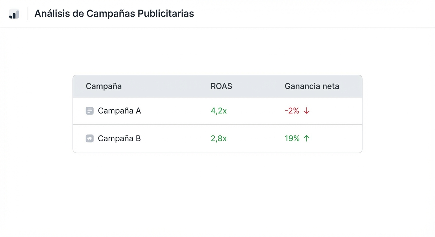 Mockup UI flat sobre fondo claro de un dashboard de análisis de campañas publicitarias. Muestra una tabla con tres columnas: 