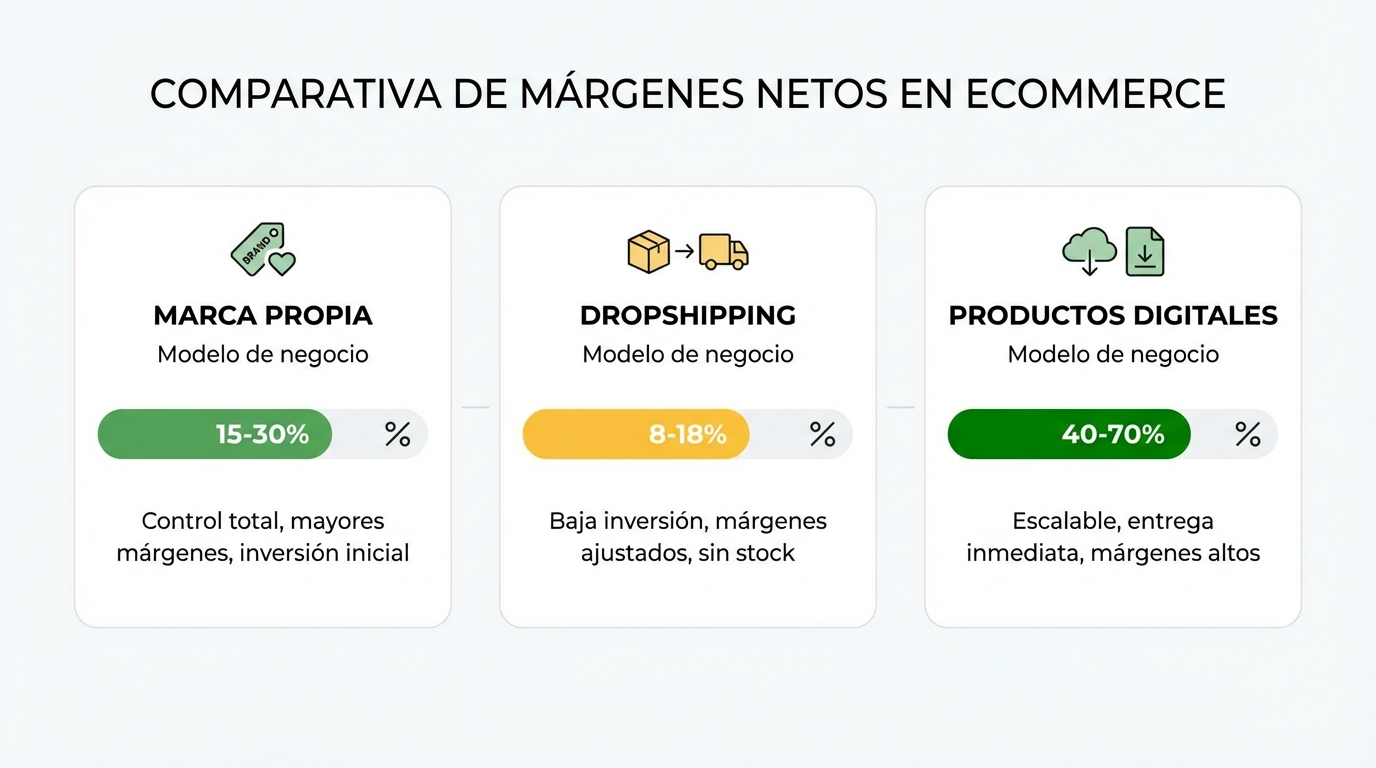 Infografía horizontal sobre fondo blanco con tres columnas representando diferentes modelos de negocio ecommerce: 
