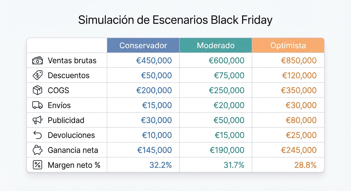 Mockup UI flat sobre fondo blanco de una tabla de tres columnas mostrando simulación de escenarios para Black Friday: columnas tituladas 